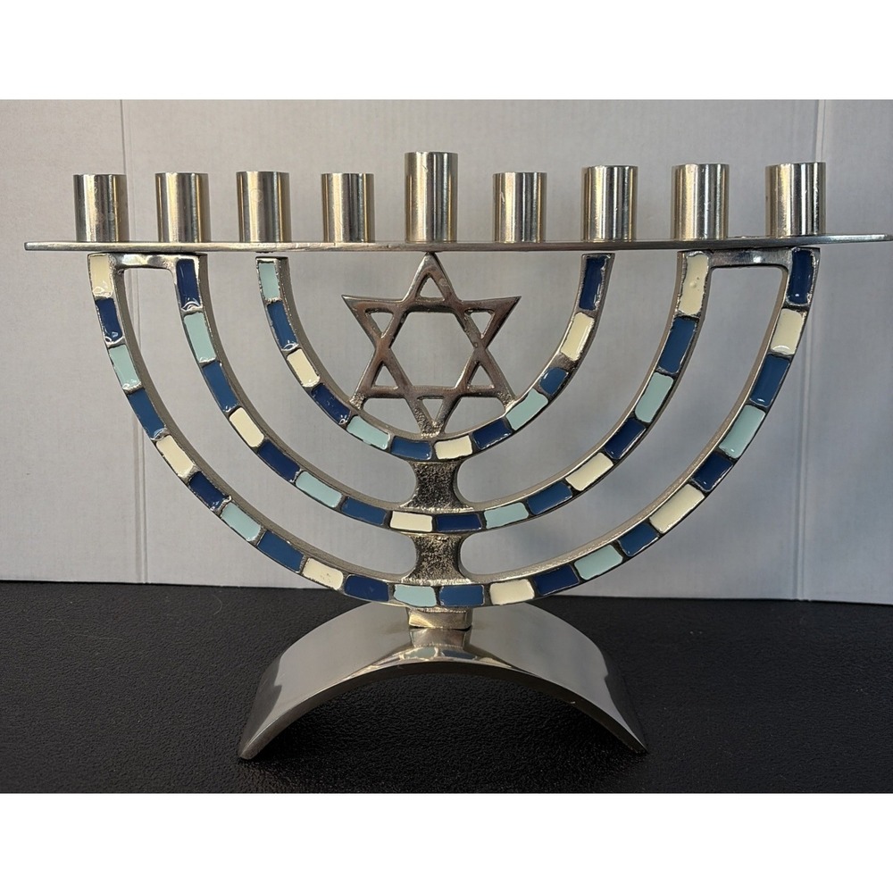 Star of David Hanukkah  Menorah Blue & White Enamel On Chrome 12" x 8.25"